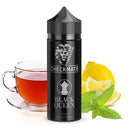 Checkmate Black Queen Longfill Aroma 10ml mit schwarzem Tee, Zitrone und Minze neben Teetasse, Zitrone und Minzblättern